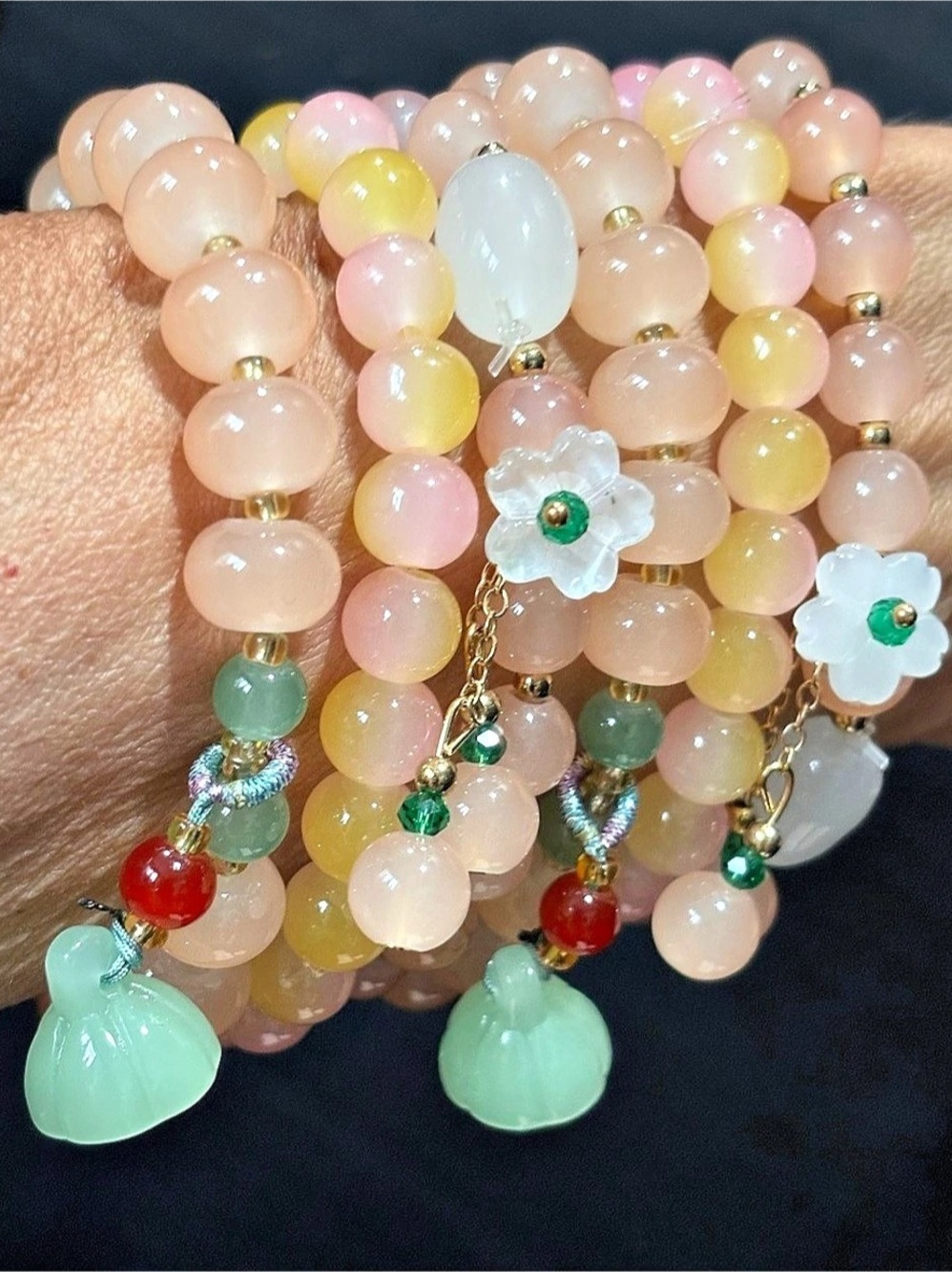 Beaded Charm Bracelet Set in Pink & Green